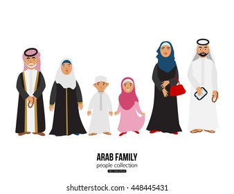 Happy muslim arabic family members isolated on white background. Vector eps 10 format.