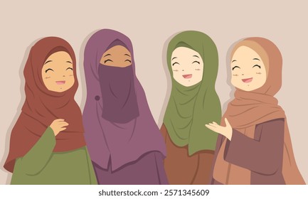 Happy Muslim best friends laughing together. Muslim women wearing hijab cartoon vector.