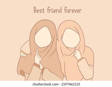 Happy muslim best friends. Muslimah bestie flat cartoon character