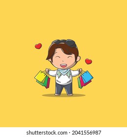 Happy Muslim boy after shopping Cartoon Vector Icon Illustration. Flat Cartoon Style Suitable for Web Landing Page, Banner, Flyer, Sticker, Card	