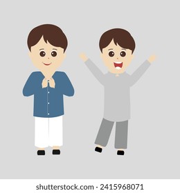 Happy muslim boy cartoon character vector. Muslim boy praying, Little muslim kid different pose and feel peace.