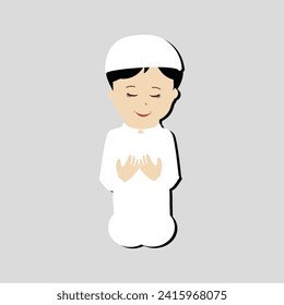 Happy muslim boy cartoon character vector. Muslim boy praying, Little muslim kid different pose and feel peace.
