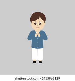 Happy muslim boy cartoon character vector. Muslim boy praying, Little muslim kid different pose and feel peace.