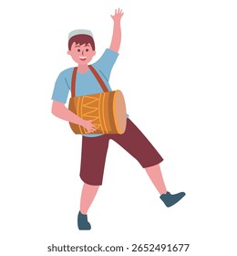 Happy Muslim boy cartoon illustration playing a traditional drum (gamelan kendang), with one arm raised in excitement, dressed in a peci and festive clothing. Ramadan and Eid al-Fitr vector flat icon