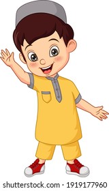 Happy muslim boy cartoon on white background
