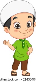 Happy muslim boy cartoon waving hand