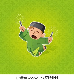 Happy Muslim Boy Celebrating Hari Raya Aidilfitri With Firecracker. Celebration Of Breaking Fast(Puasa).Vector Illustration. Maaf Zahir And Batin.