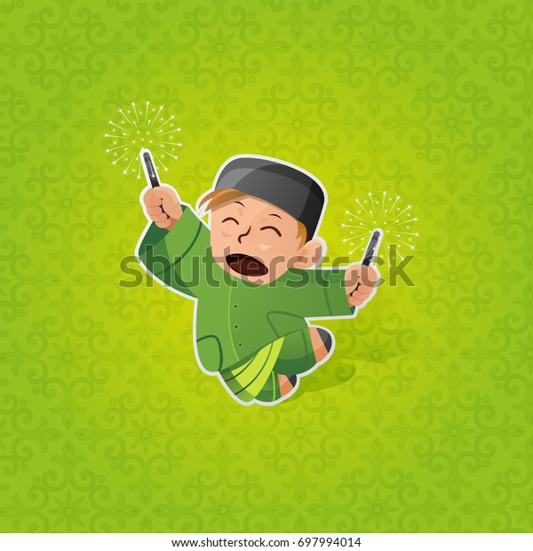Happy Muslim Boy Celebrating Hari Raya\
Aidilfitri with Firecracker. Celebration of Breaking\
Fast(Puasa).Vector Illustration. Maaf Zahir and\
Batin.