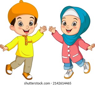 Happy muslim boy and girl cartoon