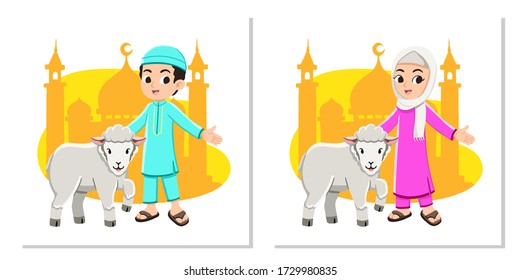 Happy muslim boy and girl with Eid Al-Adha sheep Vector