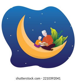 Happy Muslim boy reading Quran and sitting on crescent moon, banner for Ramadan or Islamic holidays