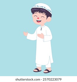 Happy Muslim boy in white traditional attire, smiling joyfully, celebrating Ramadan with cheerfulness.