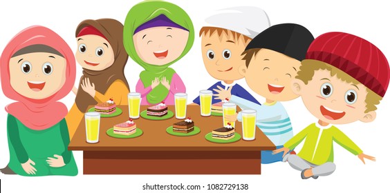 
happy Muslim boys and girls eating 
fasting dinner together
