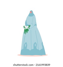 Happy Muslim Bride Female Character in Blue Dress and Hijab Holding Bouquet in Hands during Wedding Ceremony. Arab Marriage, Bridal Process, Islamic Arabic Newlywed Girl. Cartoon Vector Illustration