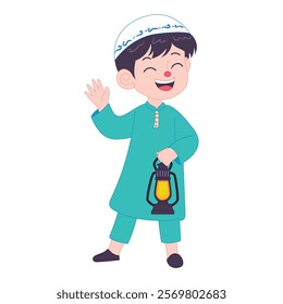 Happy Muslim child waving hand, holding lantern, celebrating Ramadan in traditional attire cute illustration