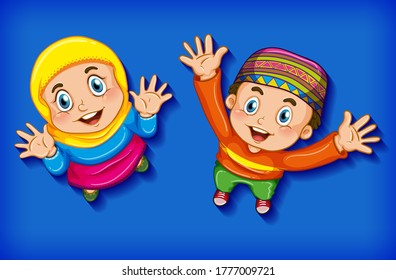 Happy muslim children from aerial view illustration