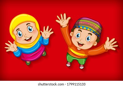 Happy muslim children from aerial view illustration