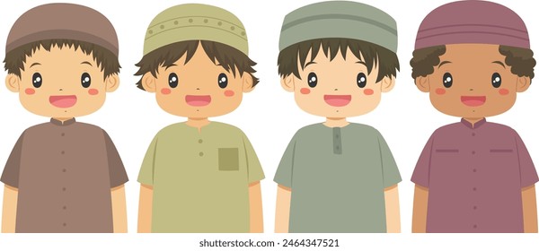 Niños musulmanes felices con kopiah y ropas musulmanas, Vector de medio cuerpo.