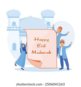 Happy Muslim children standing with mosque silhouette. Say Eid al-Fitr greetings. Happy Eid Mubarak concept.Flat vector illustration.