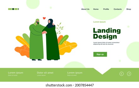 Happy Muslim couple holding hands. Husband and wife in traditional Arabic clothes flat vector illustration. Love, family, relationship concept for banner, website design or landing web page