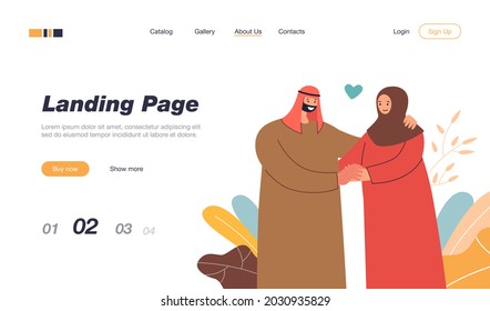 Happy Muslim couple holding hands. Husband and wife in traditional Arabic clothes flat vector illustration. Love, family, relationship concept for banner, website design or landing web page