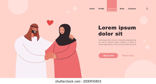 Happy Muslim couple holding hands. Husband and wife in traditional Arabic clothes flat vector illustration. Love, family, relationship concept for banner, website design or landing web page