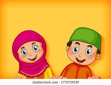 Happy muslim couple on colour gradient background illustration