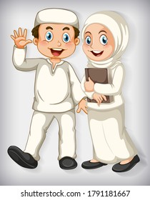 Happy muslim couple on colour gradient background illustration