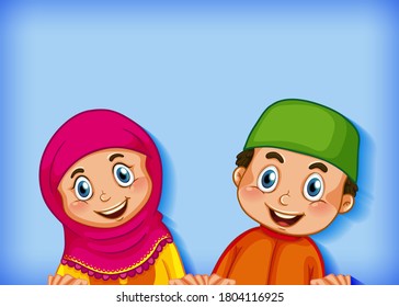 Happy muslim couple on colour gradient background illustration