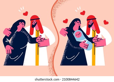 Happy muslim couple pregnant and having baby infant. Smiling Arabic young family growing. Overjoyed arab man and woman pregnancy and parenthood time. Diversity. Vector illustration.