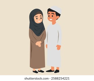 Happy Muslim couple in traditional attire, smiling and standing together. A charming Islamic vector illustration, ideal for family, Ramadan, or cultural themes