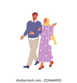 Happy muslim couple walking. Flat vector illustration.