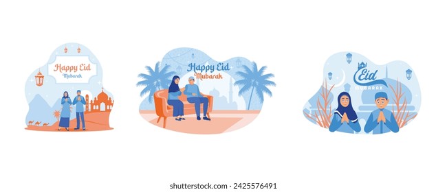 Feliz pareja musulmana dando la bienvenida y celebrando Eid al Fitr. Sentado en el sofá dentro de la casa. Feliz concepto de Eid Mubarak. Establecer ilustración vectorial plana .