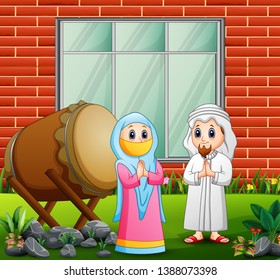 Happy muslim couples congratulate Eid mubarak