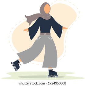 Happy Muslim faceless beautiful girl roller skating, wearing Hijab, islamic woman vector illustration, sport activities from UAE or Saudi Arabia