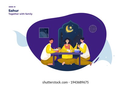 Happy Muslim Families Eat Early Or Ramadan Sahur Illustration Concept, Eat Together With Family Before Fasting Day