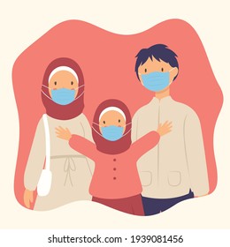 Happy Muslim families welcome Ramadan while wearing masks