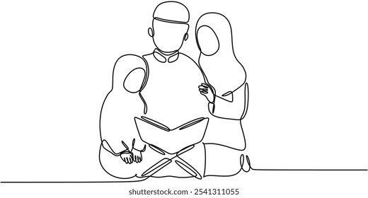 Happy Muslim Family Bond. Continuous One Line Drawing Depicting Family Connection in Minimalist Hand-Drawn Style.