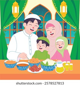 Happy Muslim family breaking fast in Ramadan, enjoying iftar meal together with traditional food at home.