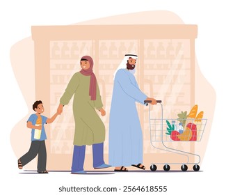 Happy muslim family cartoon characters shopping at grocery store vector illustration. Smiling arabian parents with toddler boy son kid walking between retail racks buying food inside supermarket scene