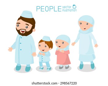 Happy Muslim family cartoon on white background, Happy cartoon family. Muslim people.       Vector Illustration