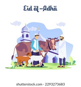 Happy Muslim family celebrates Eid Al Adha Mubarak with a goat. Flat vector template illustration