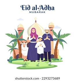 Happy Muslim family celebrates Eid Al Adha Mubarak with a goat. Flat vector template illustration