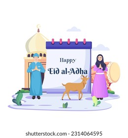 Happy Muslim family celebrates Eid Al Adha Mubarak. Flat vector template illustration