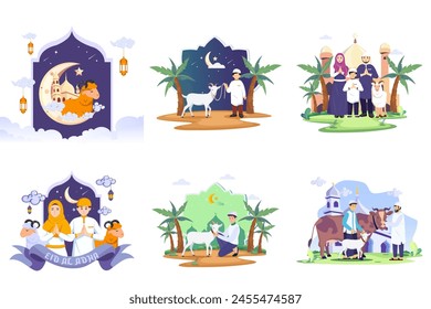 Happy Muslim family celebrates Eid Al Adha Mubarak with a goat. Flat vector template illustration	