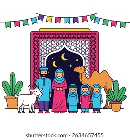Happy Muslim family celebrates Eid al-Adha with mosque, camel, sheep, cow, and goat; vibrant flat design banner with islamic and arabic themes