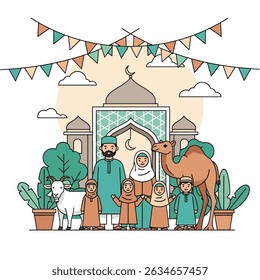 Happy Muslim family celebrates Eid al-Adha with mosque, camel, sheep, cow, and goat; vibrant flat design banner with islamic and arabic themes