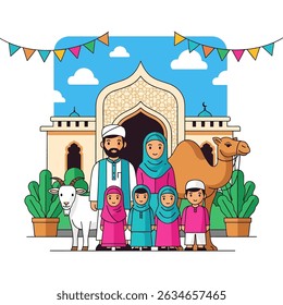 Happy Muslim family celebrates Eid al-Adha with mosque, camel, sheep, cow, and goat; vibrant flat design banner with islamic and arabic themes