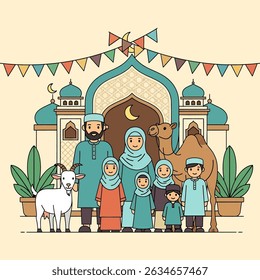 Happy Muslim family celebrates Eid al-Adha with mosque, camel, sheep, cow, and goat; vibrant flat design banner with islamic and arabic themes