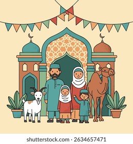 Família muçulmana feliz celebra o Eid al-Adha com mesquita, camelo, ovelha, vaca e cabra; vibrante banner de design plano com temas islâmicos e árabes